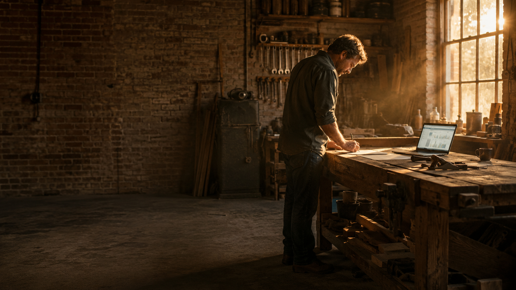 A warm field office and workshop at golden hour, with paper, tools, and a laptop on the work surface.